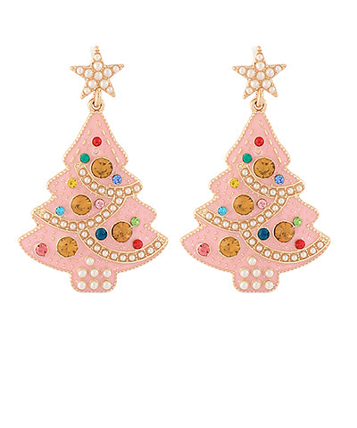 Pink christmas tree dangle earrings