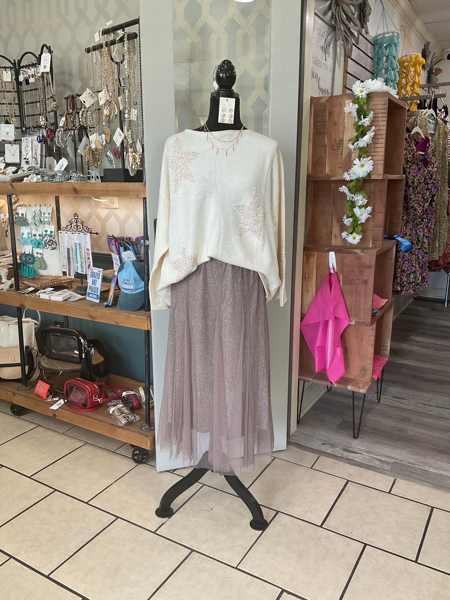 Cream star sequins sweater top