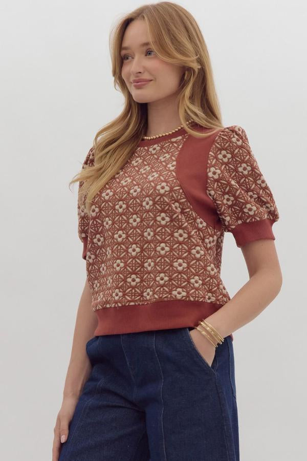 Rust Floral Puff Sleeve Top