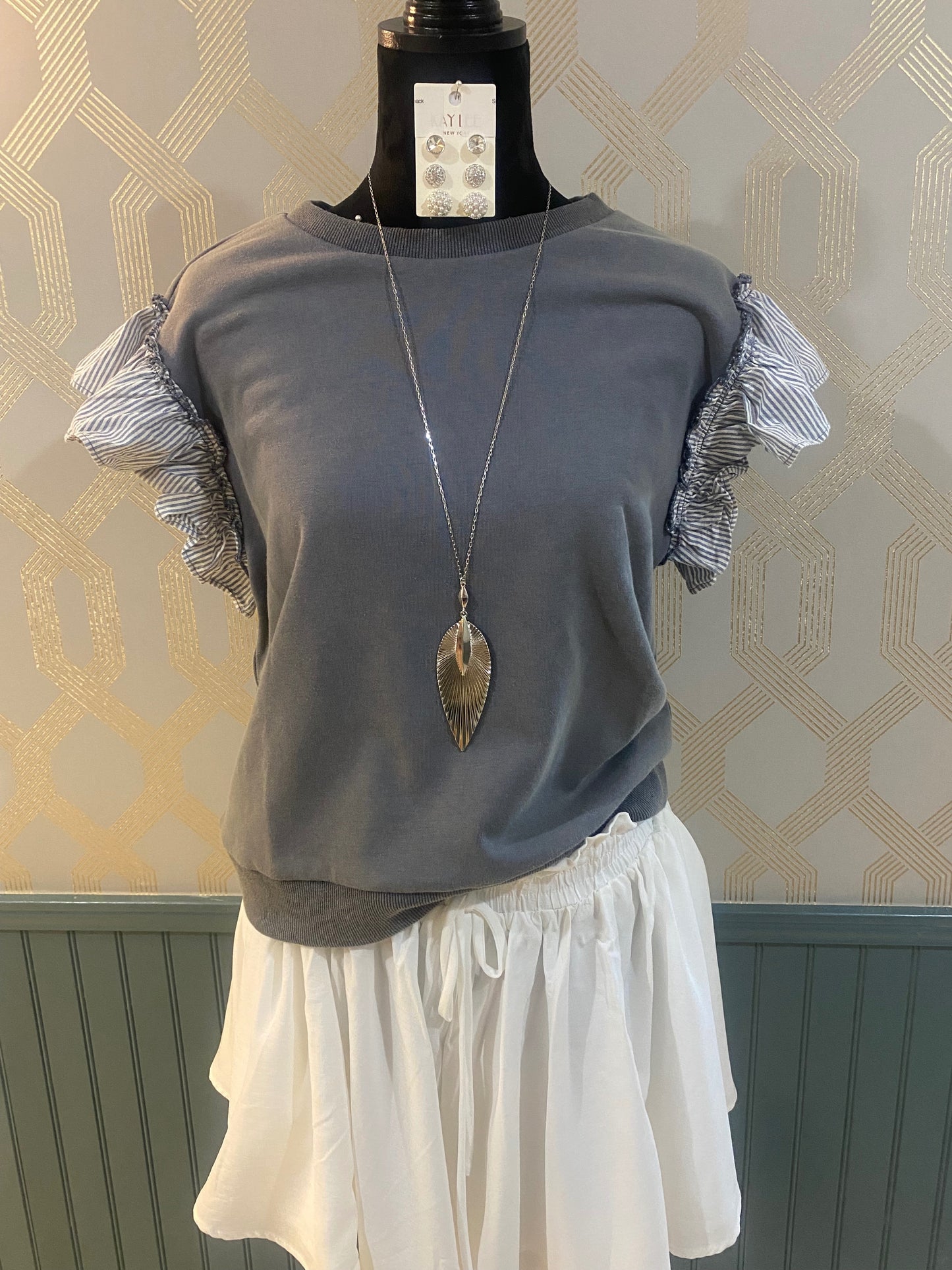 Frilled Shoulder Grey Top