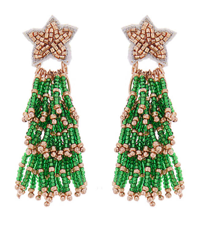 Red Beaded Christmas Tree Tassel Earrings