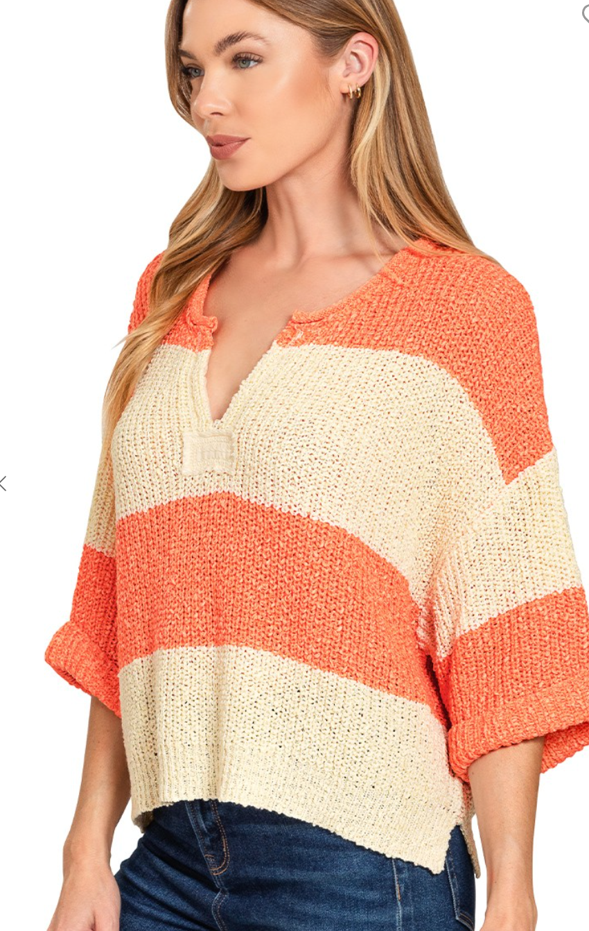 Split neck stripe sweater