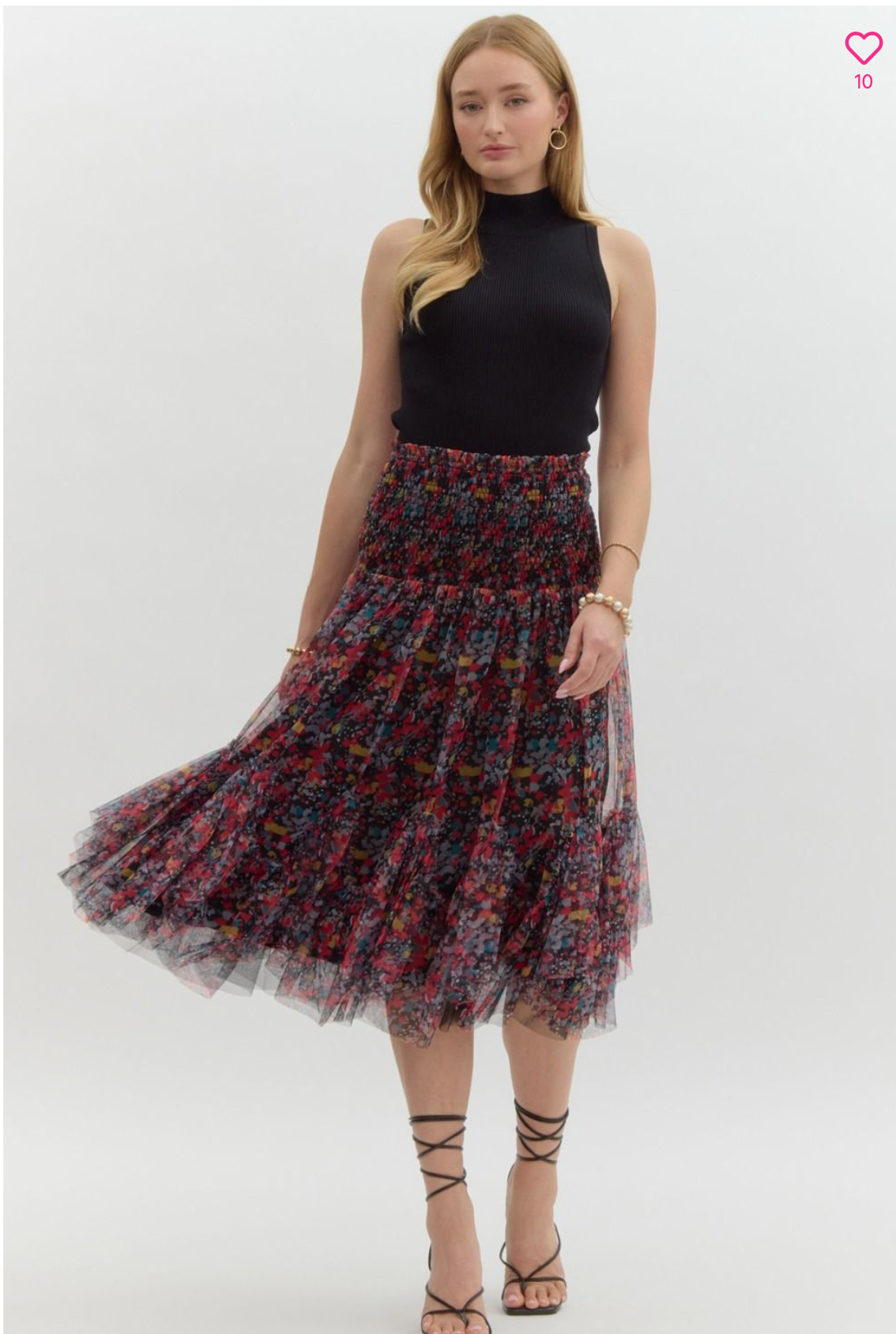 Printed ruffle strapless mini dress.