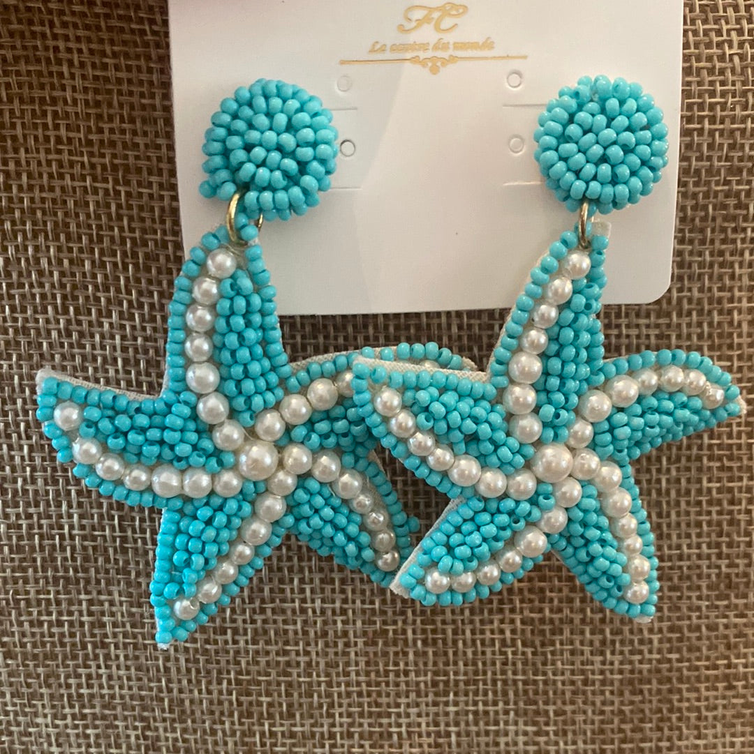 Aqua and Pearl Starfish Earrings