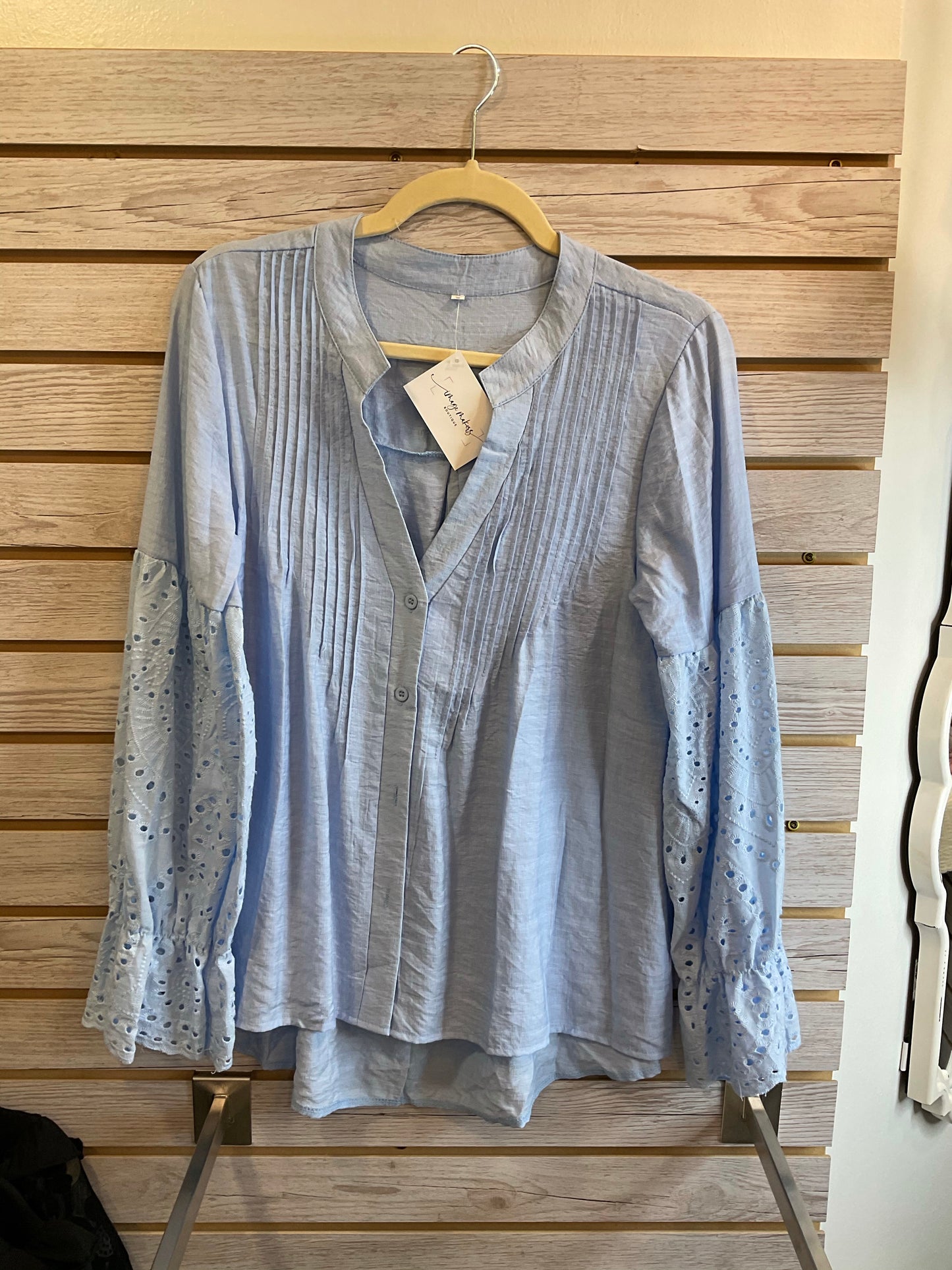Blue button up eyelet sleeve top