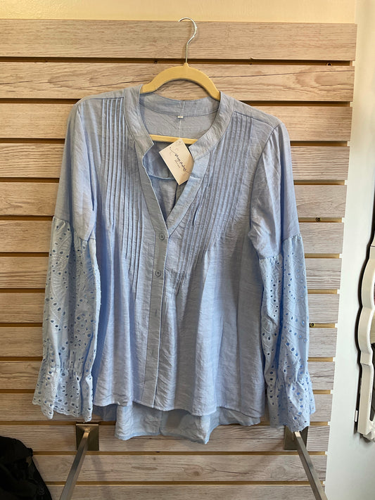 Blue button up eyelet sleeve top