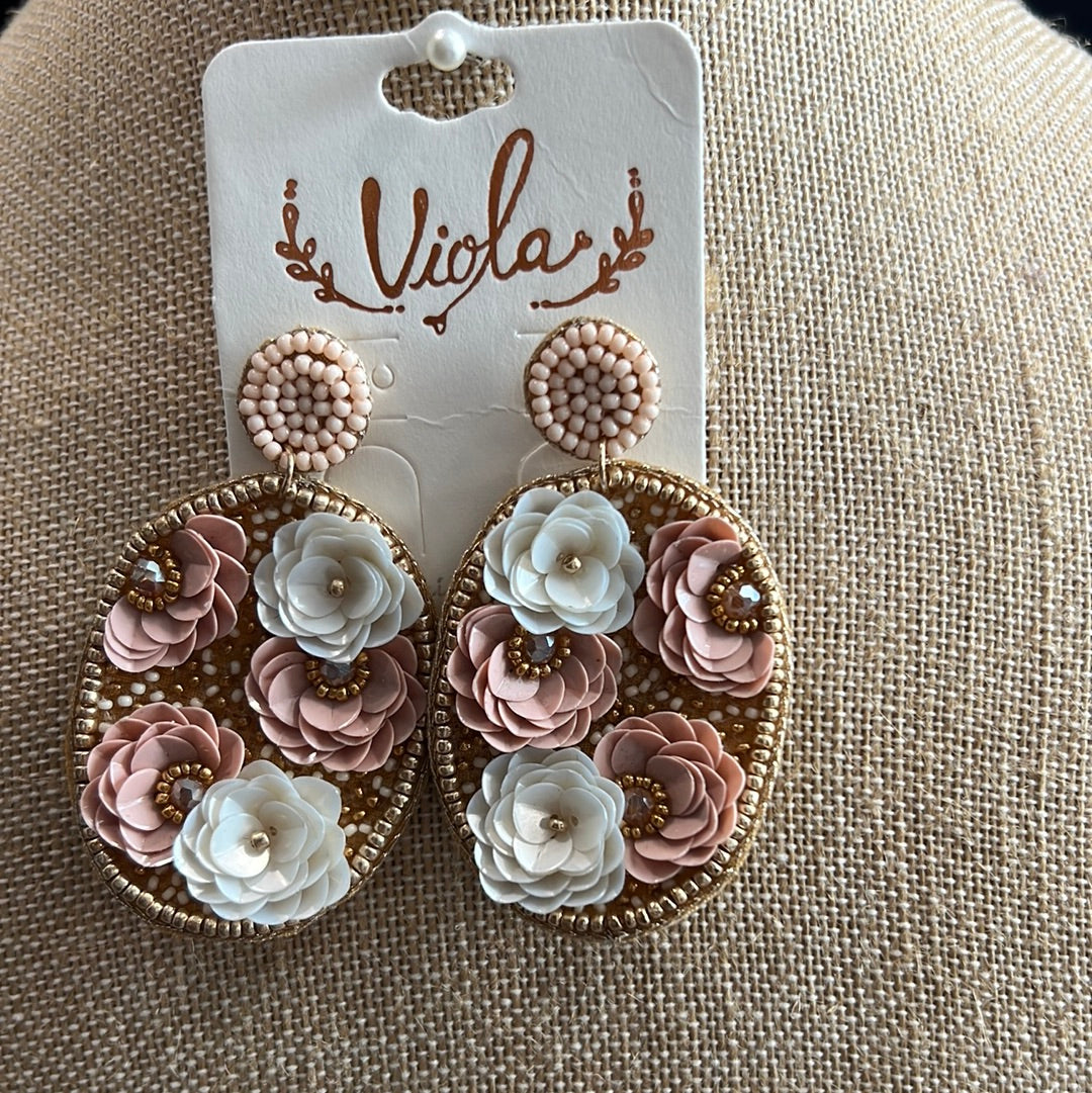 Pink Flower Beaded Oval Earrings