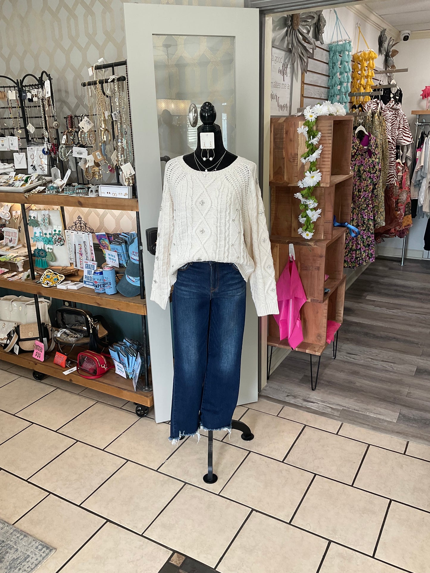 Cream rhinestone sweater top