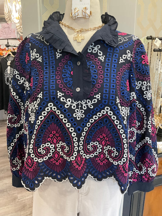 multi-colored eyelet top