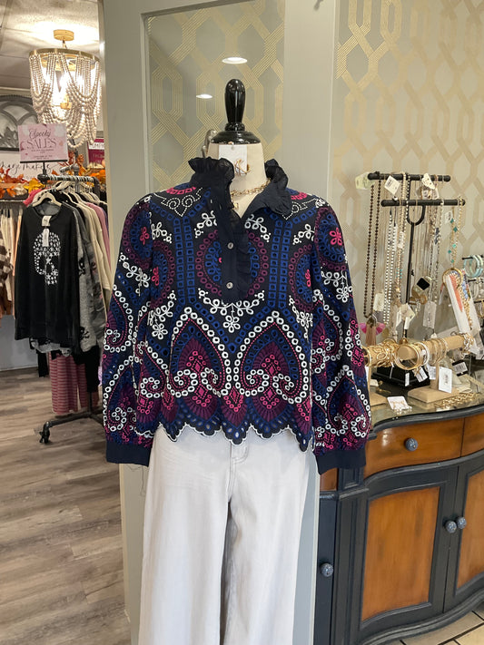 multi-colored eyelet top