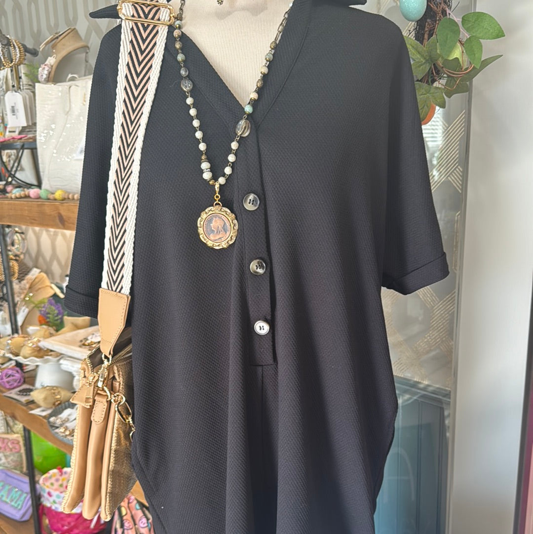 Black textured Half-Buttoned Romper