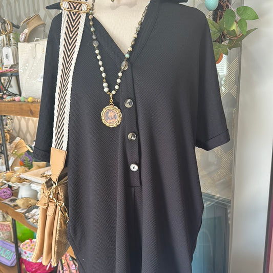 Black textured Half-Buttoned Romper