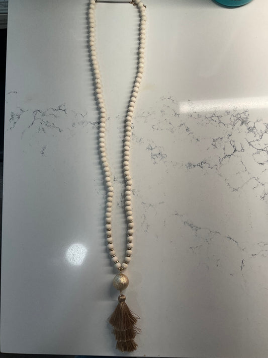 Wooden Bead Tinsel Long Necklace