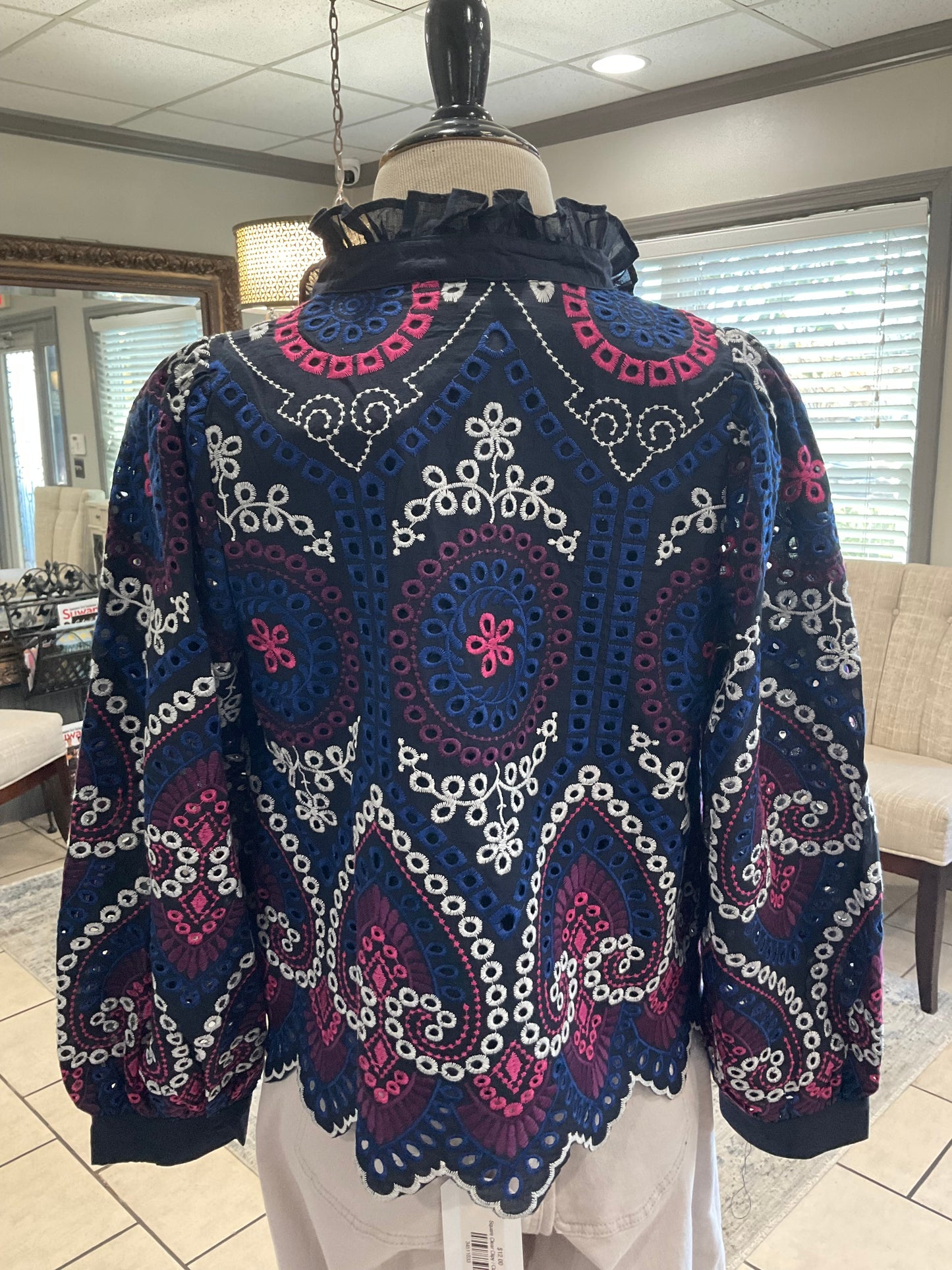 multi-colored eyelet top