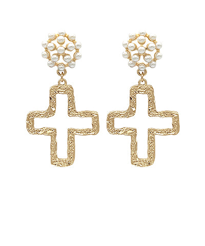 Cross and pearl cluster earrings