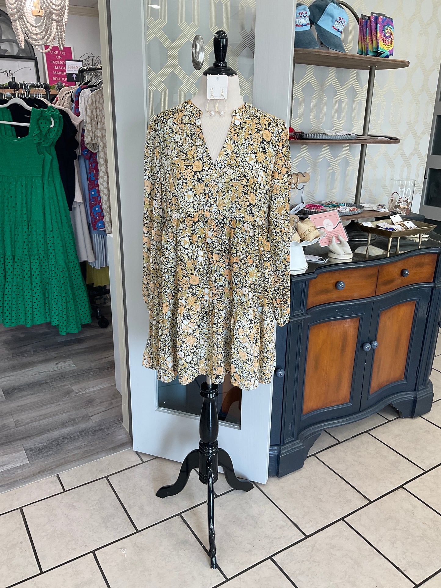 Bubble Texture Floral Long Sleeve Pocket Dress