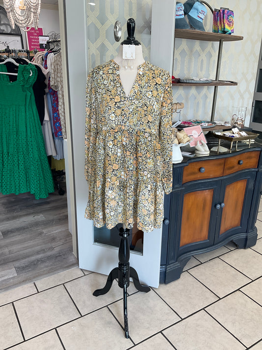 Bubble Texture Floral Long Sleeve Pocket Dress