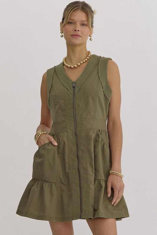 Olive zip-up mini dress