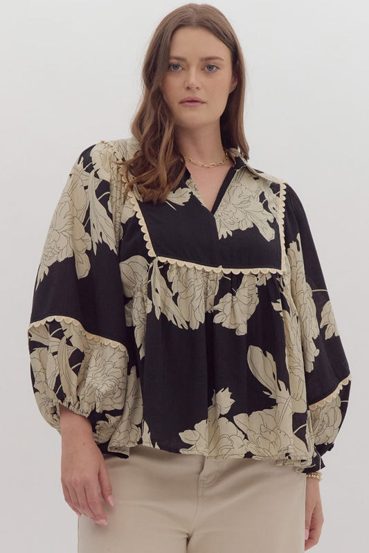 Black Floral print V Neck Top
