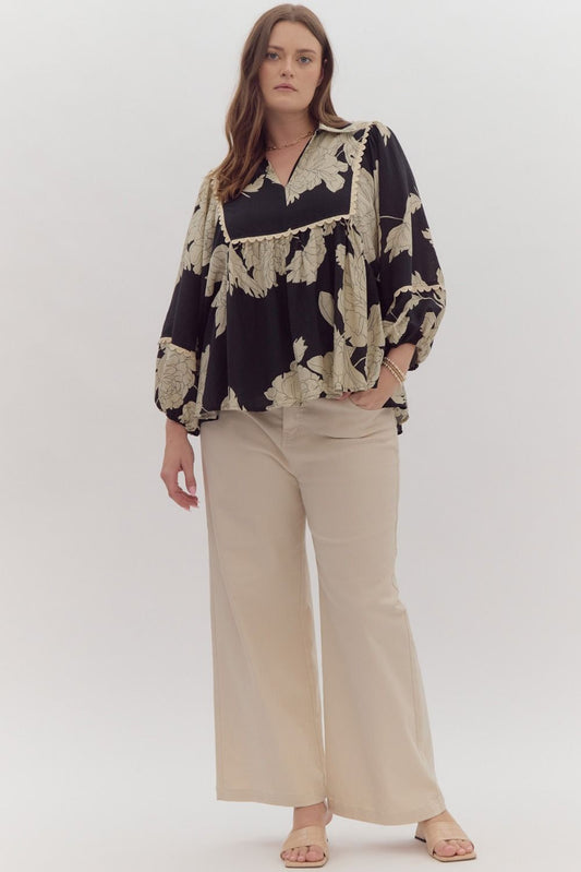 Black Floral print V Neck Top