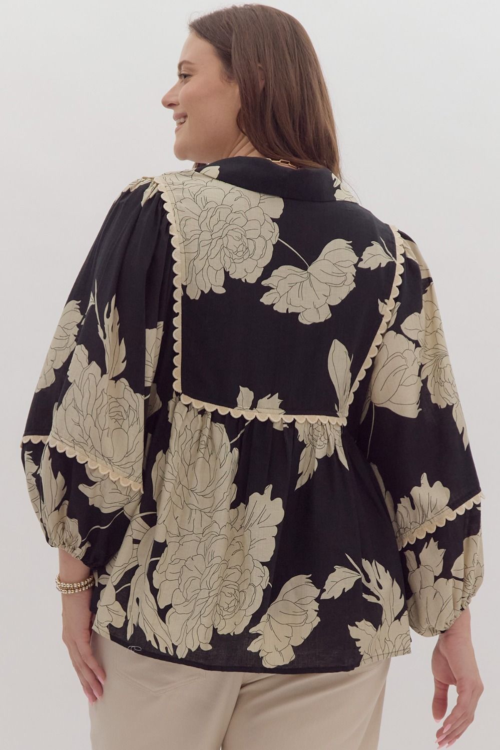 Black Floral print V Neck Top