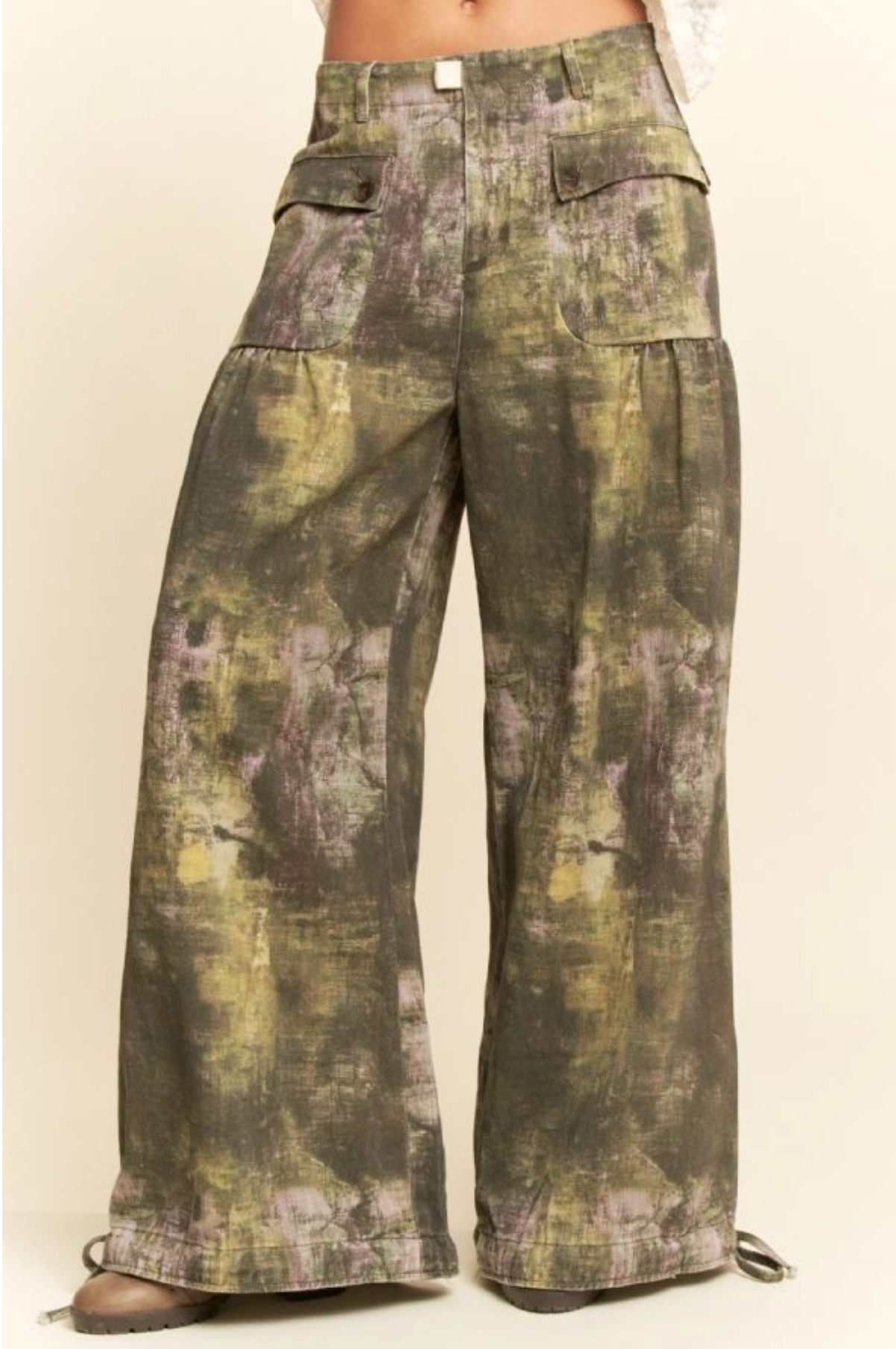 Olive tie dyed, adjustable, balloon hem pants