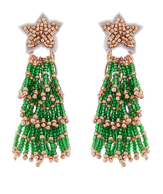 Red Beaded Christmas Tree Tassel Earrings