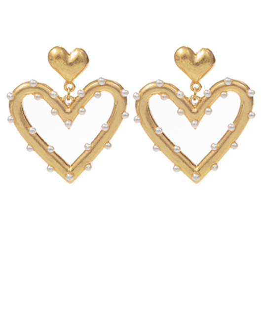 Pearl and metal heart drop earrings