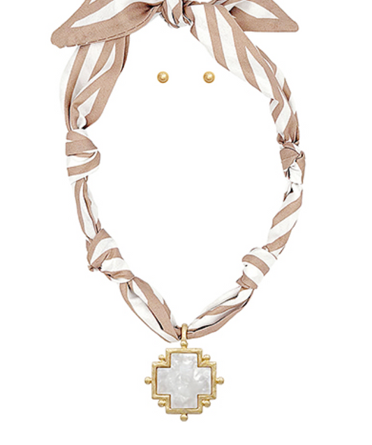 Cross pendant stripe scarf necklace set