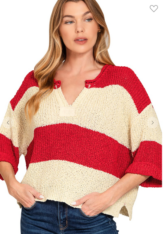 Split neck stripe sweater