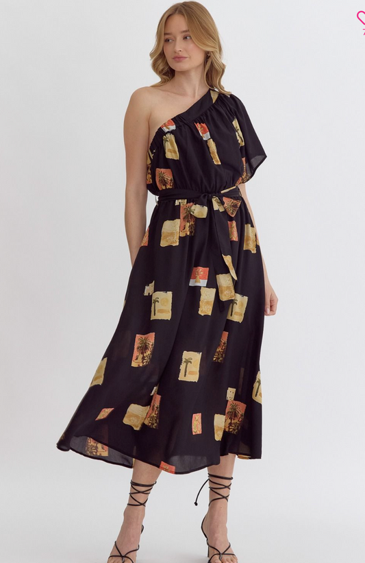 Printed one-shoulder midi dress