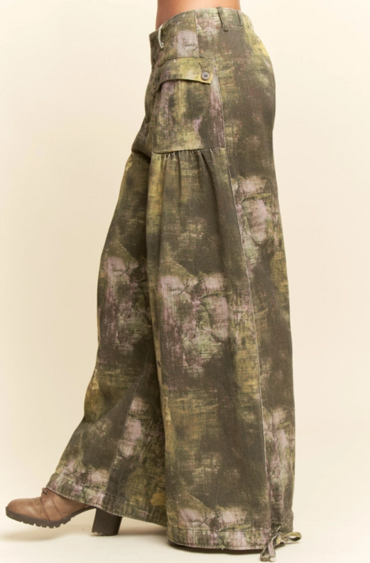 Olive tie dyed, adjustable, balloon hem pants