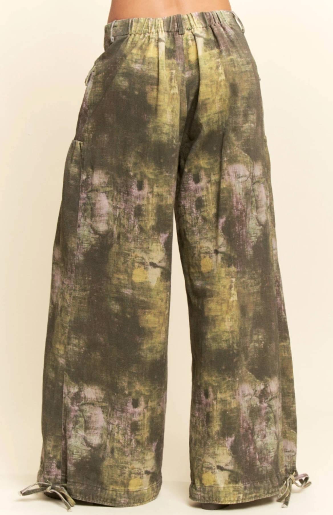 Olive tie dyed, adjustable, balloon hem pants