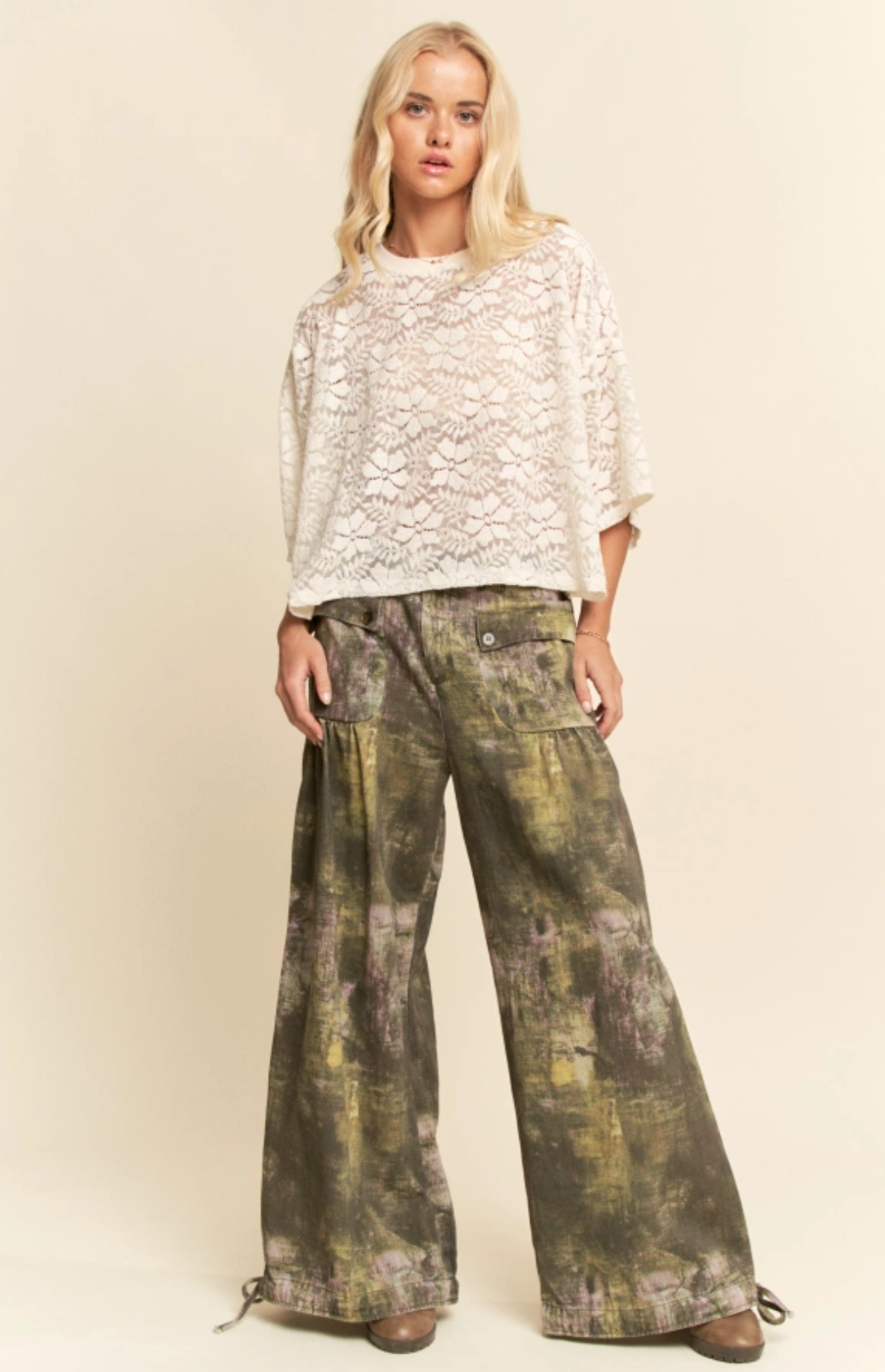 Olive tie dyed, adjustable, balloon hem pants