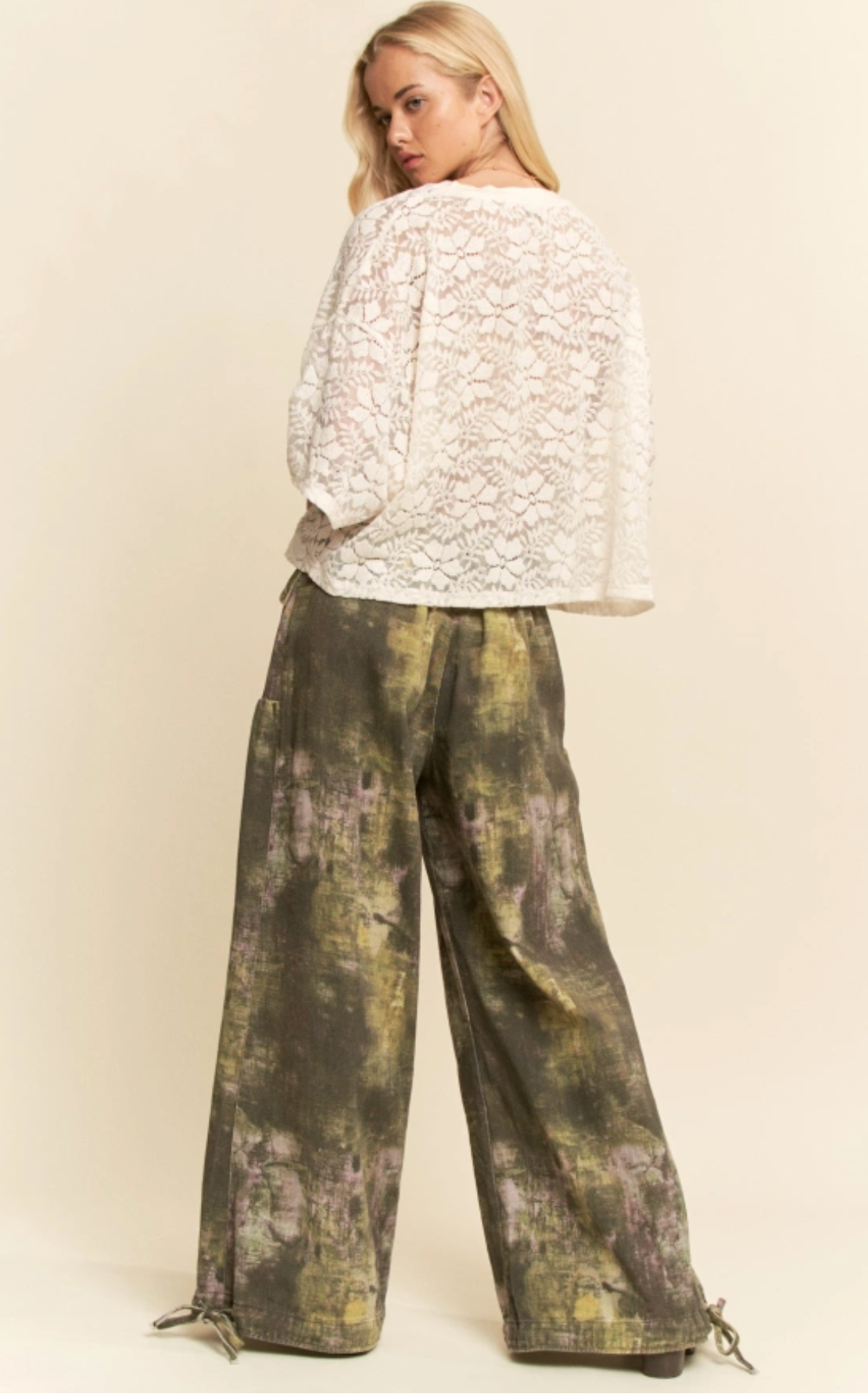 Olive tie dyed, adjustable, balloon hem pants