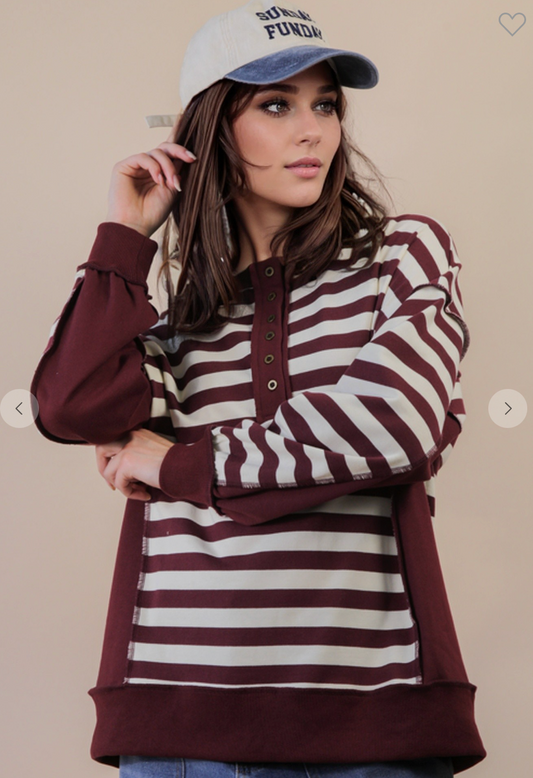 Oversized Striped Half Button Down Top