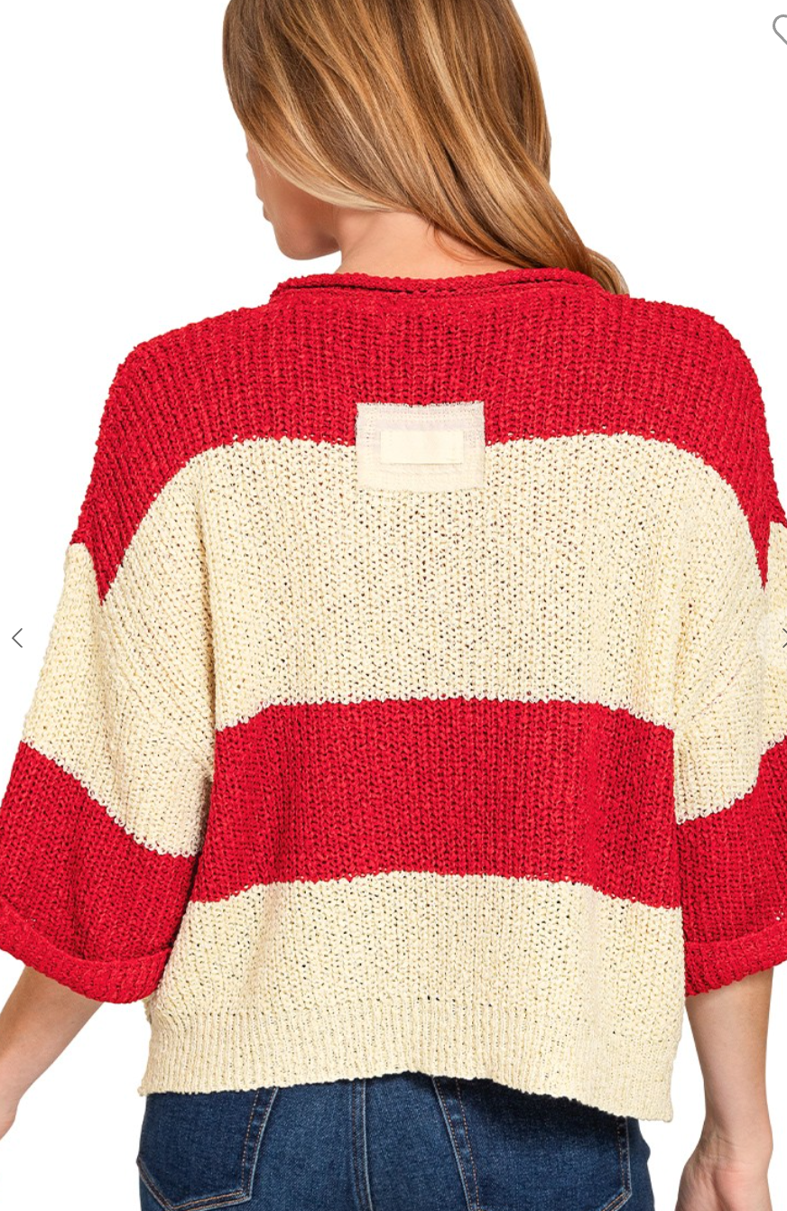 Split neck stripe sweater