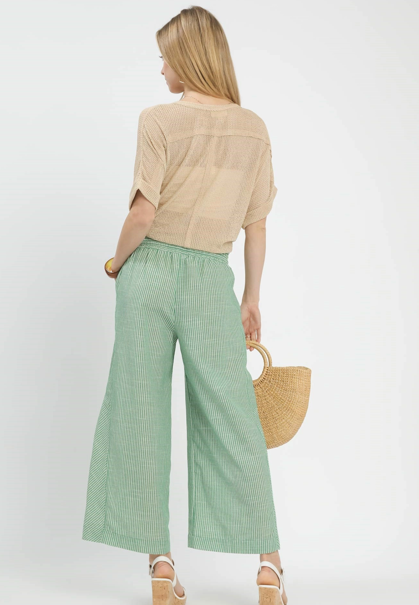 Linen blend striped wide leg pants