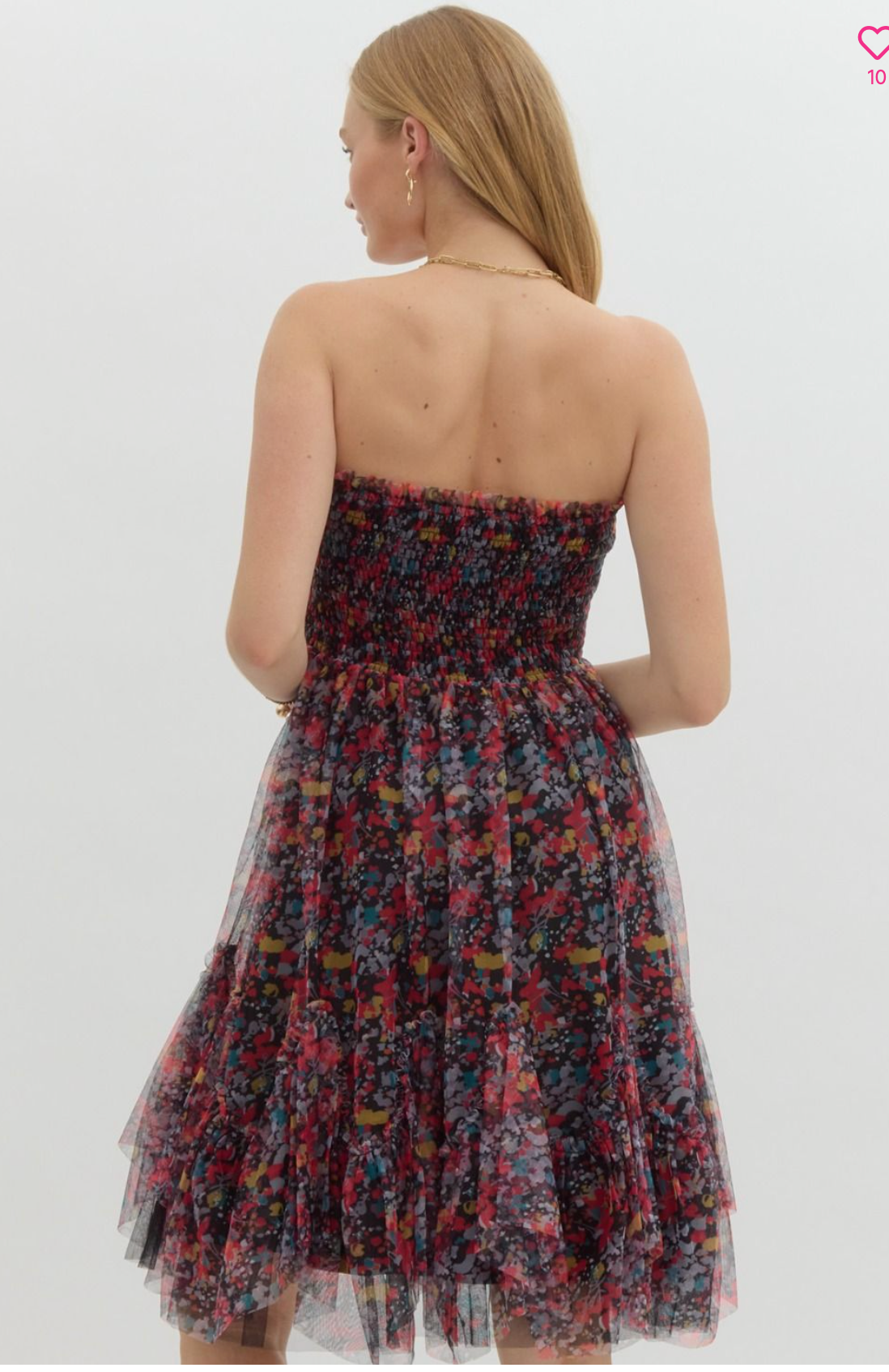 Printed ruffle strapless mini dress.