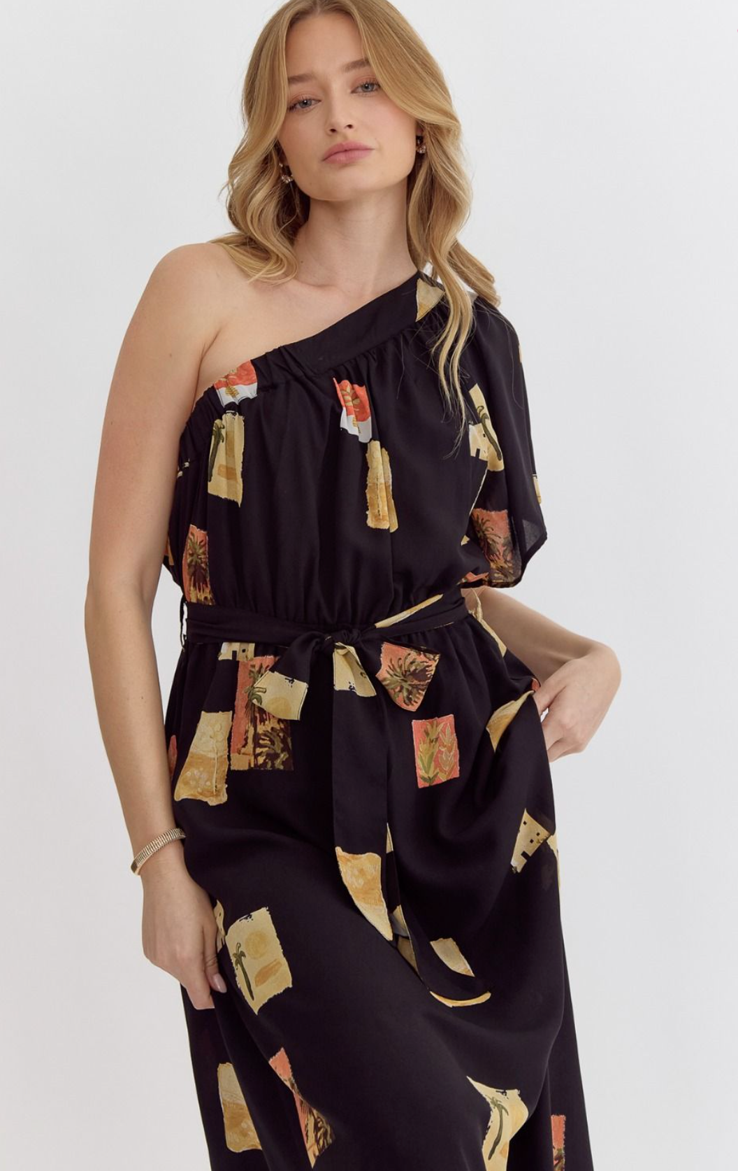 Printed one-shoulder midi dress