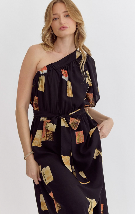 Printed one-shoulder midi dress