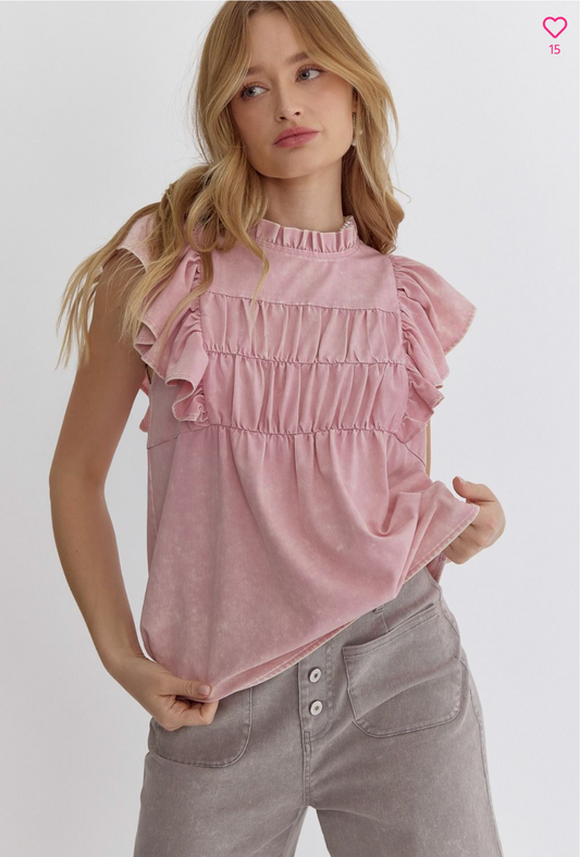 Acid wash ruffle top
