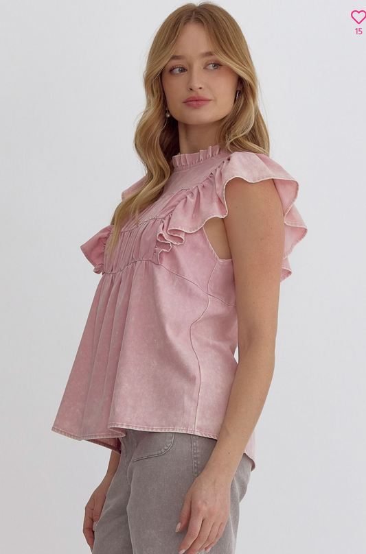 Acid wash ruffle top