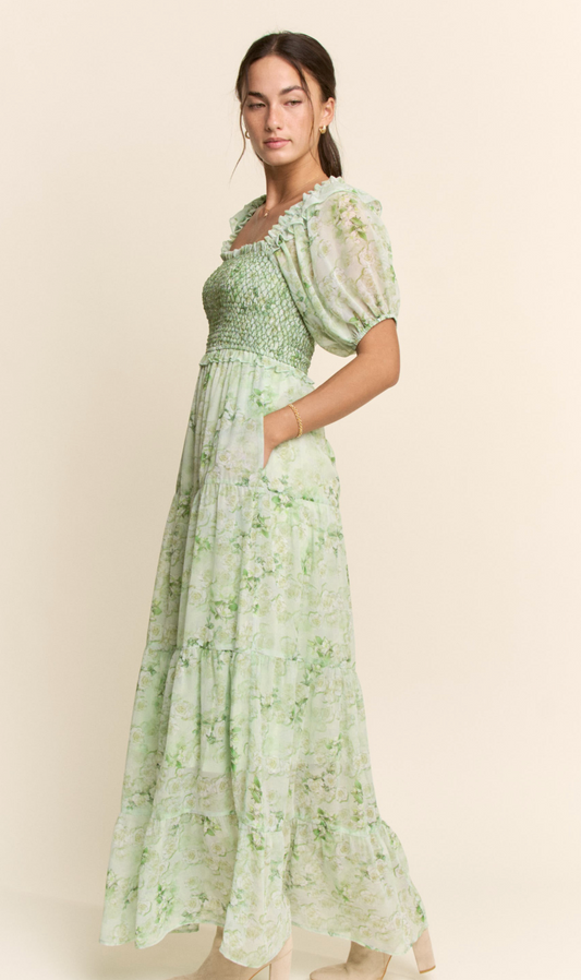 Smocked square neck floral dress