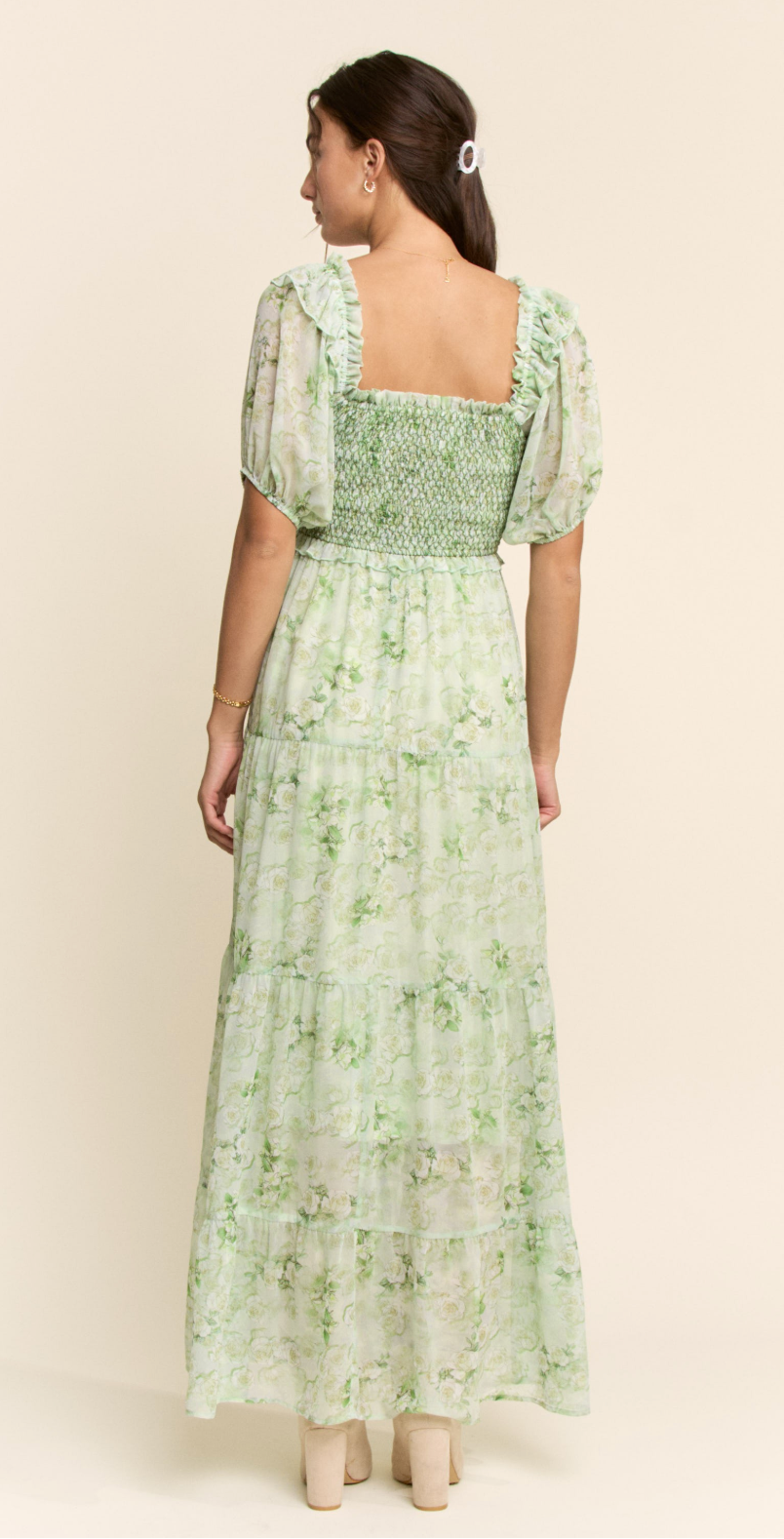 Smocked square neck floral dress