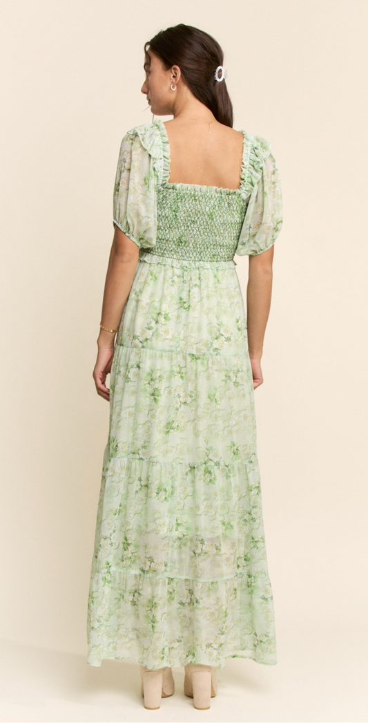 Smocked square neck floral dress