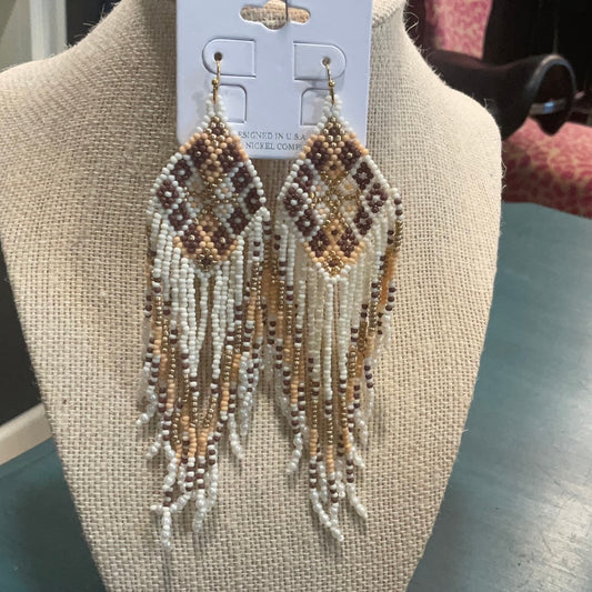 Cream Brown Fringe Bead Earrings