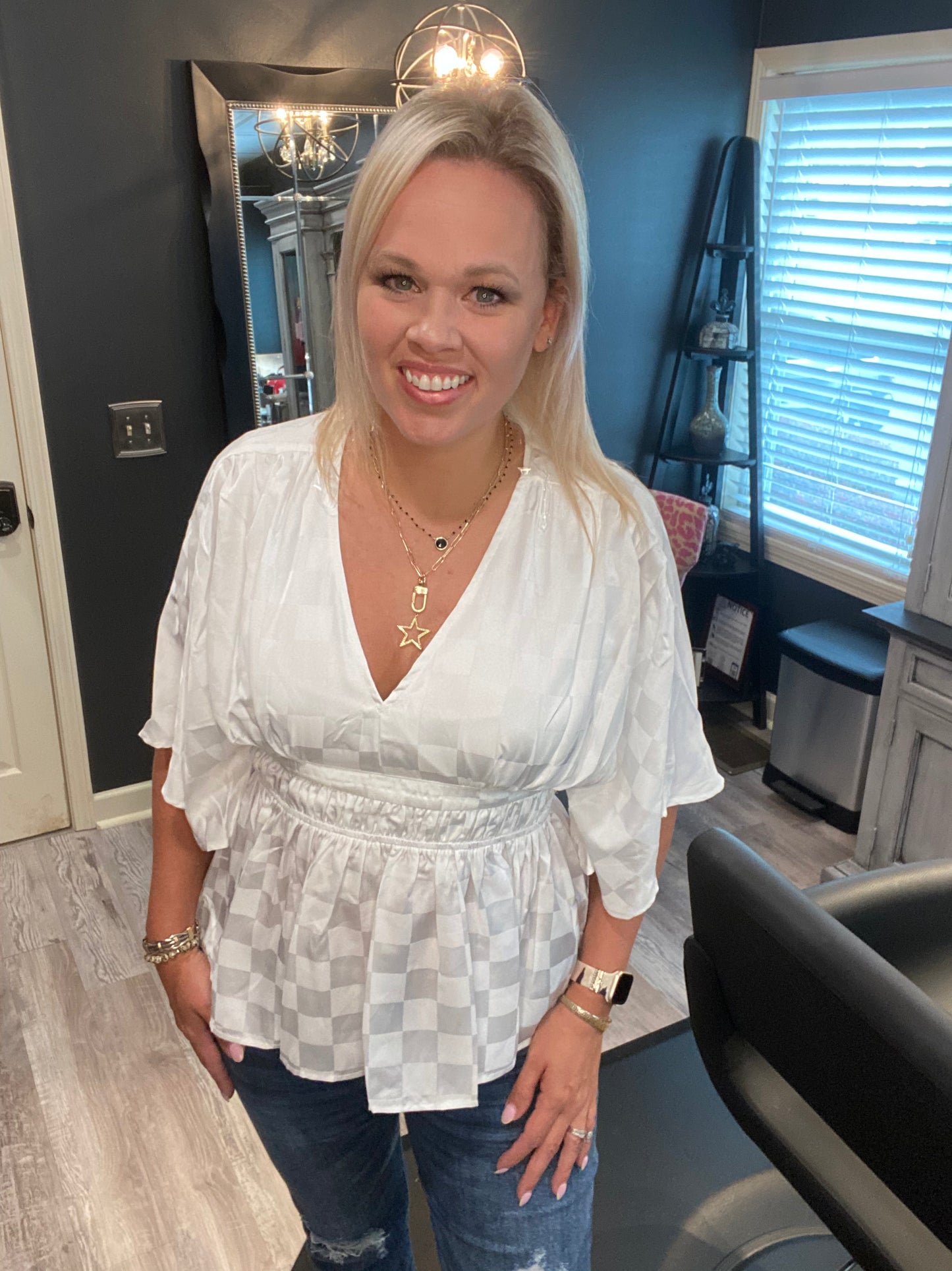 White Checkered Peplum  Top