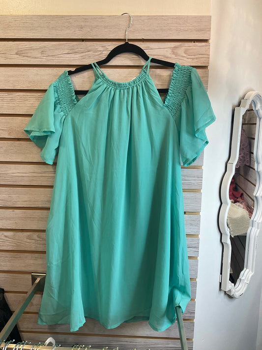Cold shoulder dress with the sheer overlay