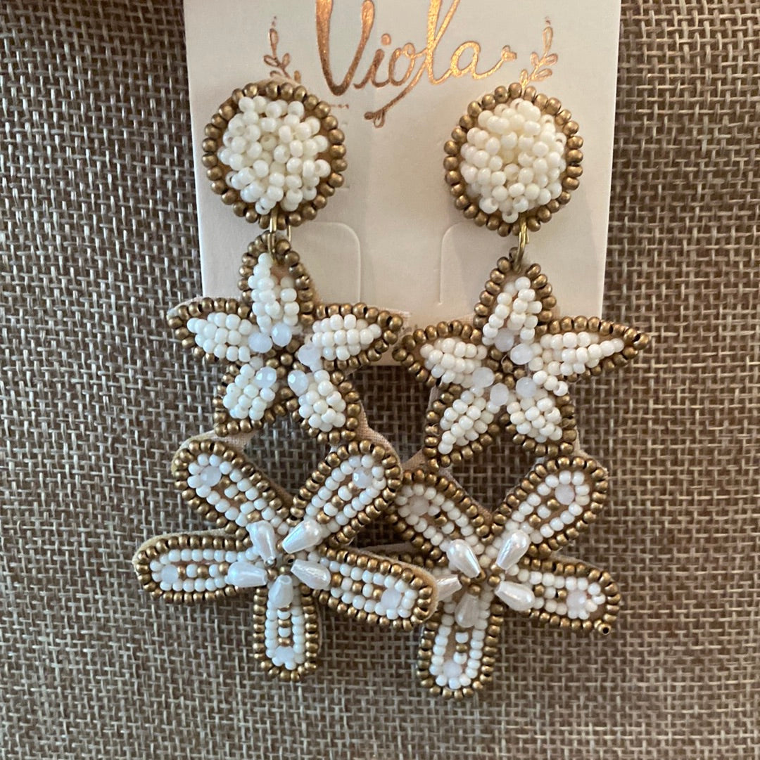 Cream and Gold Star and Shell Earrings
